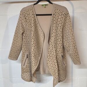 Picadilly Tan Laser Cut Geometric Open Front Cardigan Jacket Zipper Pocket‎ L